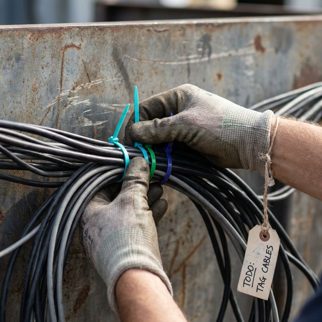 Nærbillede af hænder der sætter farvede kabelstrips på et bundt kabel — metafor for at tagge og spore asynkrone tasks.