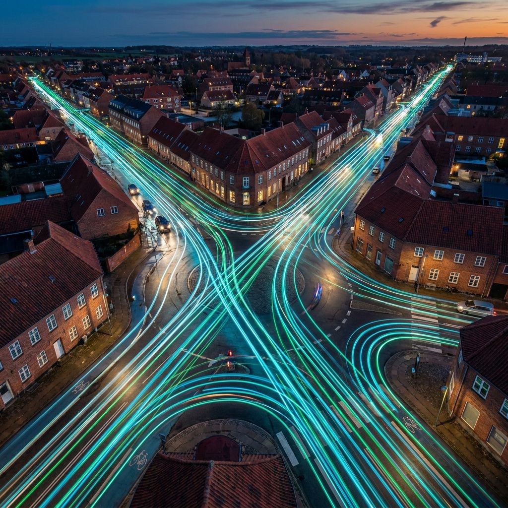 Skråt luftfoto af et dansk bykvarter ved skumring med cyan og grønne lysstriber der løber i parallelle ruter — metafor for parallel asynkron routing.