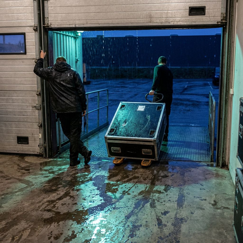 Palleløfter med flightcase i lille varemodtagelse, vådt gulv og to teknikere i færd med at få kassen over tærsklen