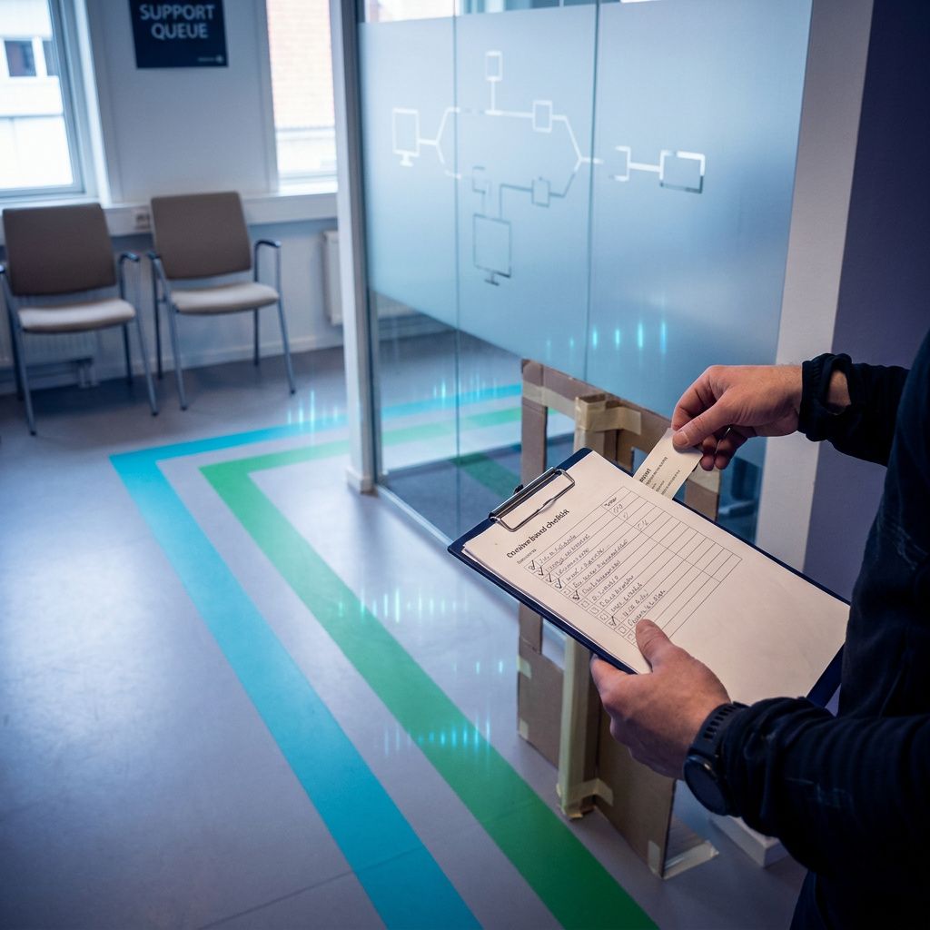 Test‑område med malede gulvbaner og tekniker der justerer en promotion‑checkliste ved en sluse — metafor for review og promotion i grafen.
