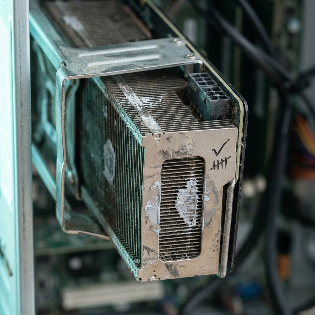 Makro af brugt GPU‑køleplade i en genbrugt workstation, spor af termisk pasta og slitage, kølig cyan‑accentlys.