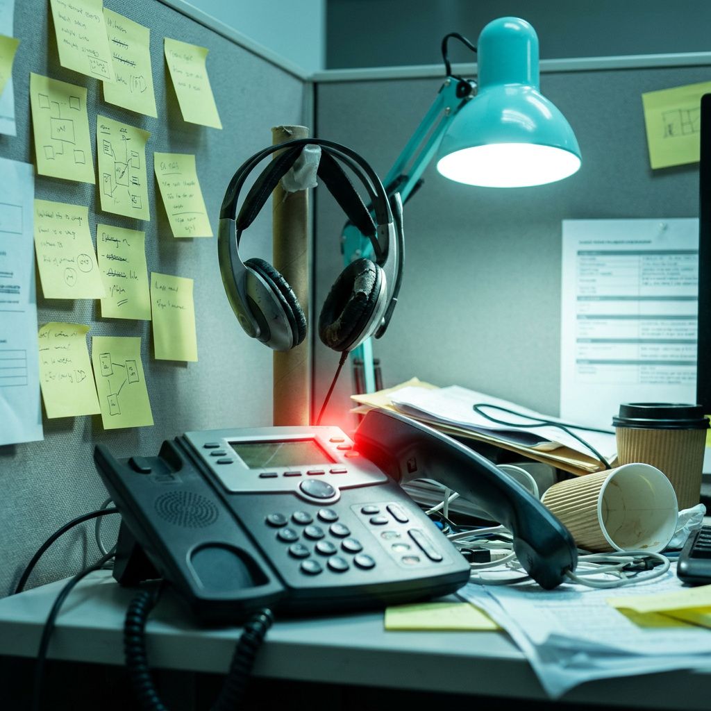 Kundeventeværelse ved en service‑disk i et dansk co‑work space med flere ventende, telefon på disken og døren til tekniklokalet i baggrunden; kølige indigo/cyan toner.