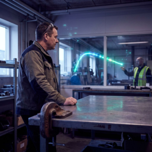 Operationsleder i et dansk supportrum med en metal‑'anker' i forgrunden og en cyan/grøn lysbane i baggrunden der skifter retning — metafor for agent‑drift.