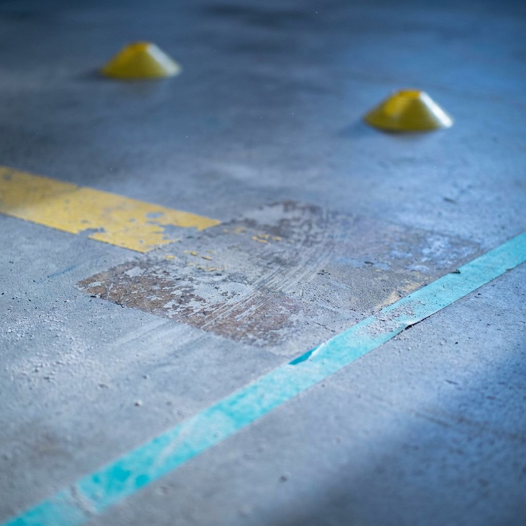 Tæt makrofoto af en slidt gulvstribe og en lille trafikkegel, metafor for et gentaget knudepunkt i en proces.