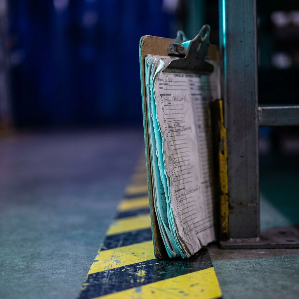 Nærbillede af kanten af en checkliste på stander ved en markeret gulvstribe, symboliserer en playbook ved processen.