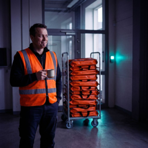 Dansk teknisk leder ved en mobil job‑køvogn i et teknisk rum, bagved en lukket sluse der symboliserer gateway og isolation. Deep purple/indigo skygger med cyan/green accentlys.