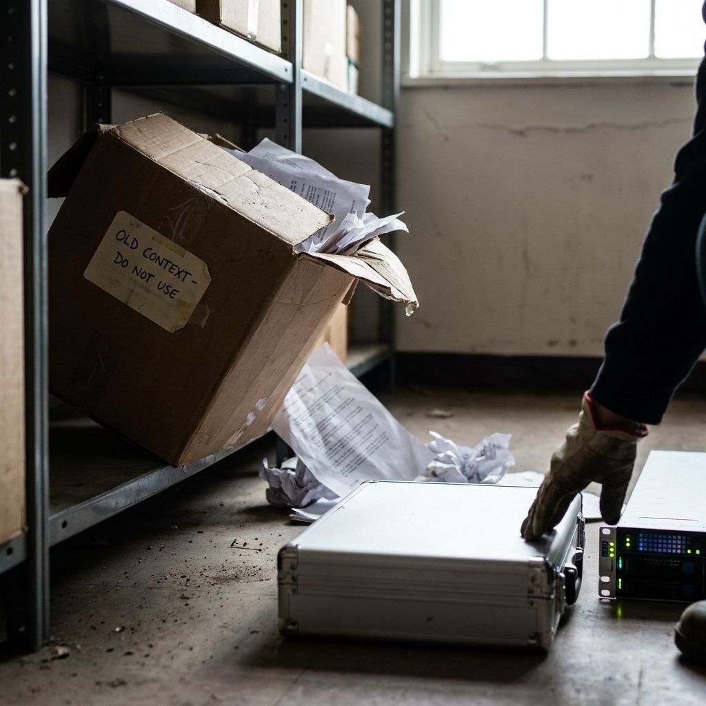 Processbillede: teknikervogn føres langs cyan markeringsbane i en operationshal, folk delvist ude af frame, beslutningsmoment synligt, ingen læsbar tekst.