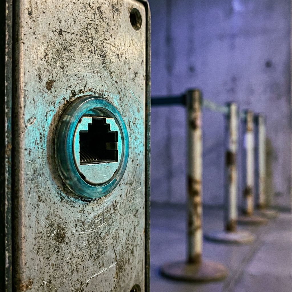 Makro af et industrielt stik med cyan refleks, slitage og indigo baggrund — dokumentarisk bevis for driftssituation.