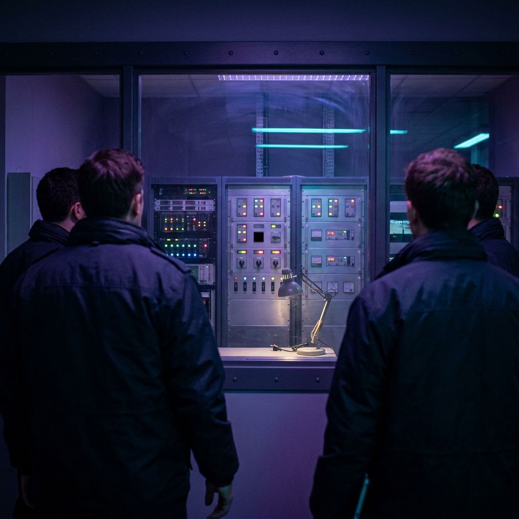 Operationsvogn skubbes langs cyan gulvbane i lille lager — procesmomenter for pilottest og overvågning.