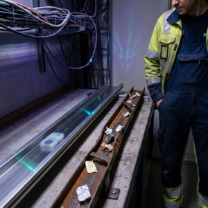 Teknisk leder i et lille nordisk testlokale ser på en testkanal med to parallelle baner: ét glat, hurtigt spor og ét komplekst, langsomt spor. Indigo/purple stemning med cyan/green signalaccents.