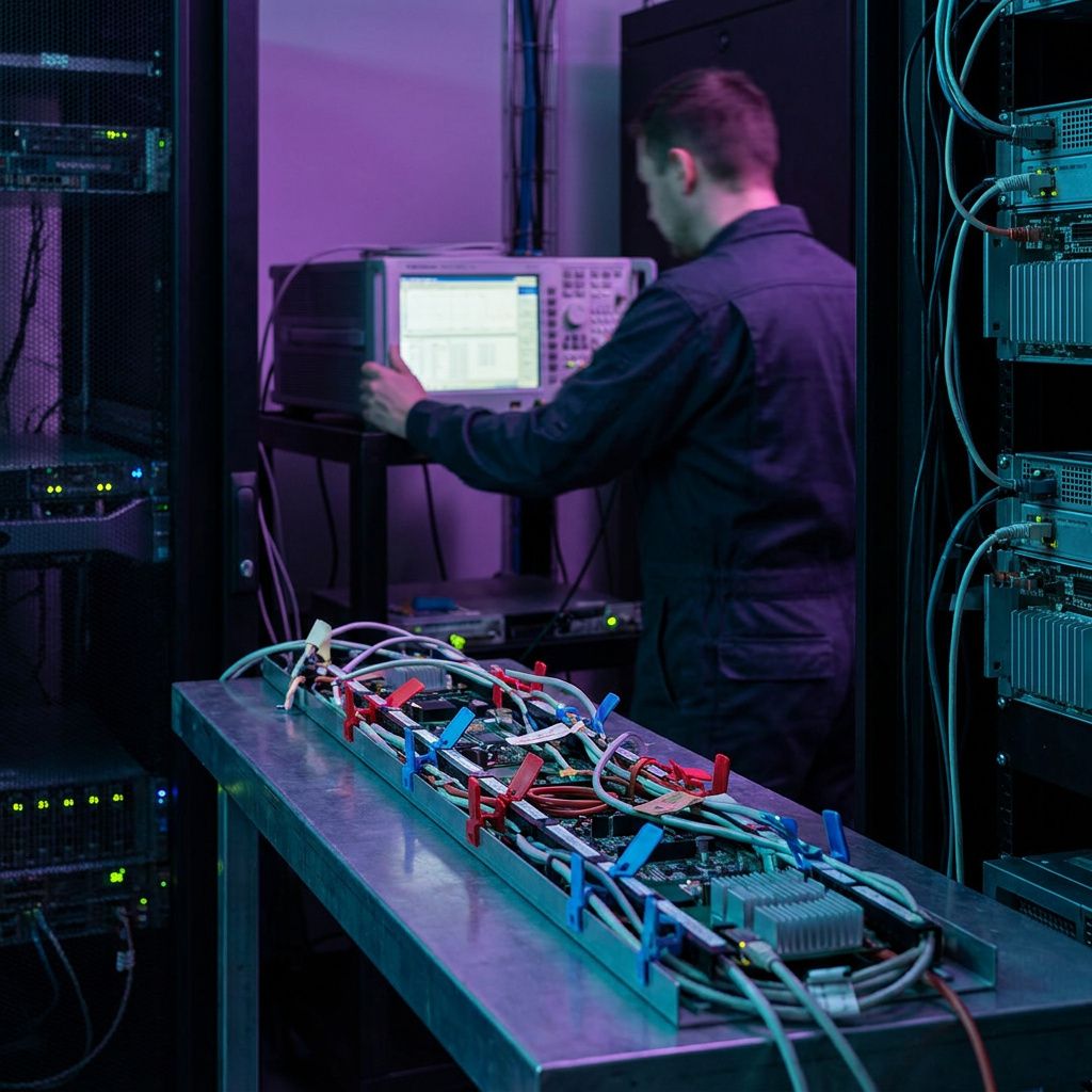 Operationsstaging med to rækker af plastikmarkører i bevægelse som metafor for throughput og latency i et PoC-testsetup.