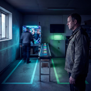 Nordisk pressefoto: en operationsleder i et lille SMV‑rum står ved en kort kø med farvede task‑tags på et bånd; to baner malet i cyan og grøn fører til en travl live‑station og en rolig, kontrolleret station. Indigo/skygger, cyan/grønne signalaccents og en diskret data‑pulse stemning.