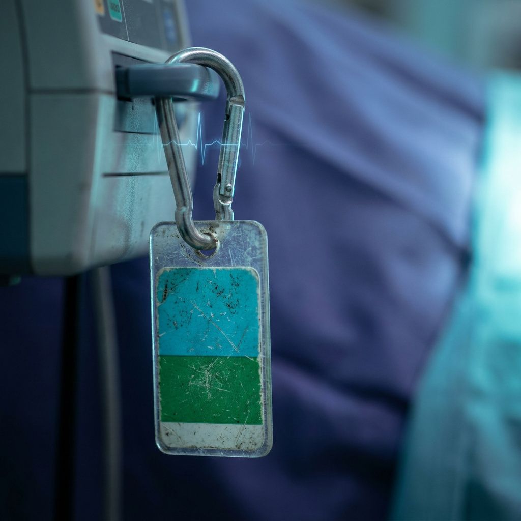 Nærbillede af en slidt task‑tag i cyan/grøn hængt på en karabin i et operationsmiljø, med subtil data‑pulse‑glød.