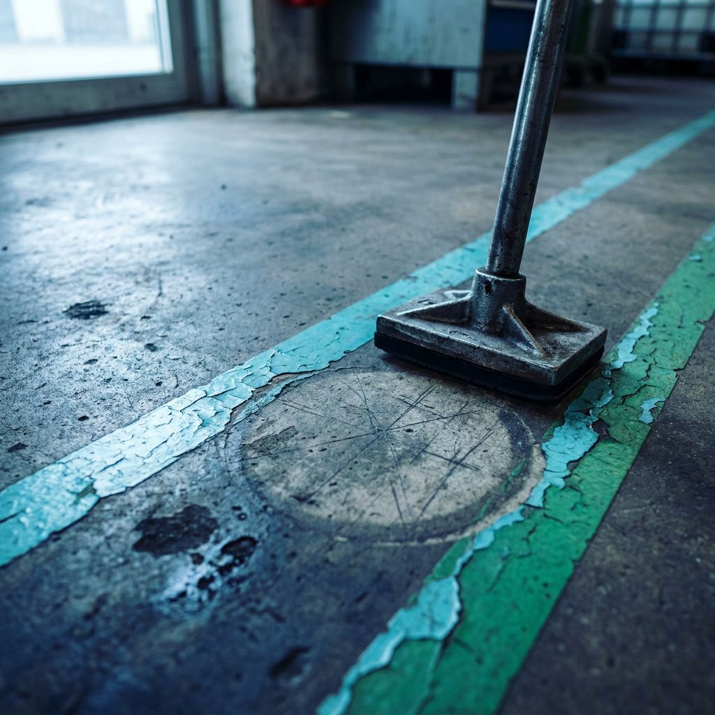 Makro af slidt cyan/grøn gulvstribe og fallback‑zone i en dispatchhal; beton, slitage og cyan højlys.