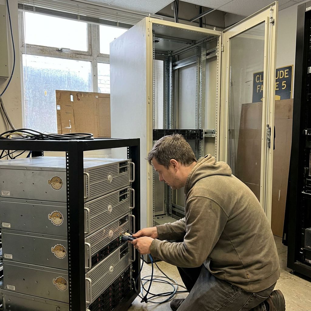 Tæt dokumentarisk makro af netværkspatch med slørede etiketter og cyan/grøn refleks; et fysisk spor fra en kompleks, skjult routing‑opsætning.