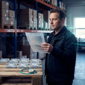 Dansk marketingleder i lagermiljø holder preview‑kort; rækker af pakker og et stopur symboliserer tidspres og cost‑beslutning.