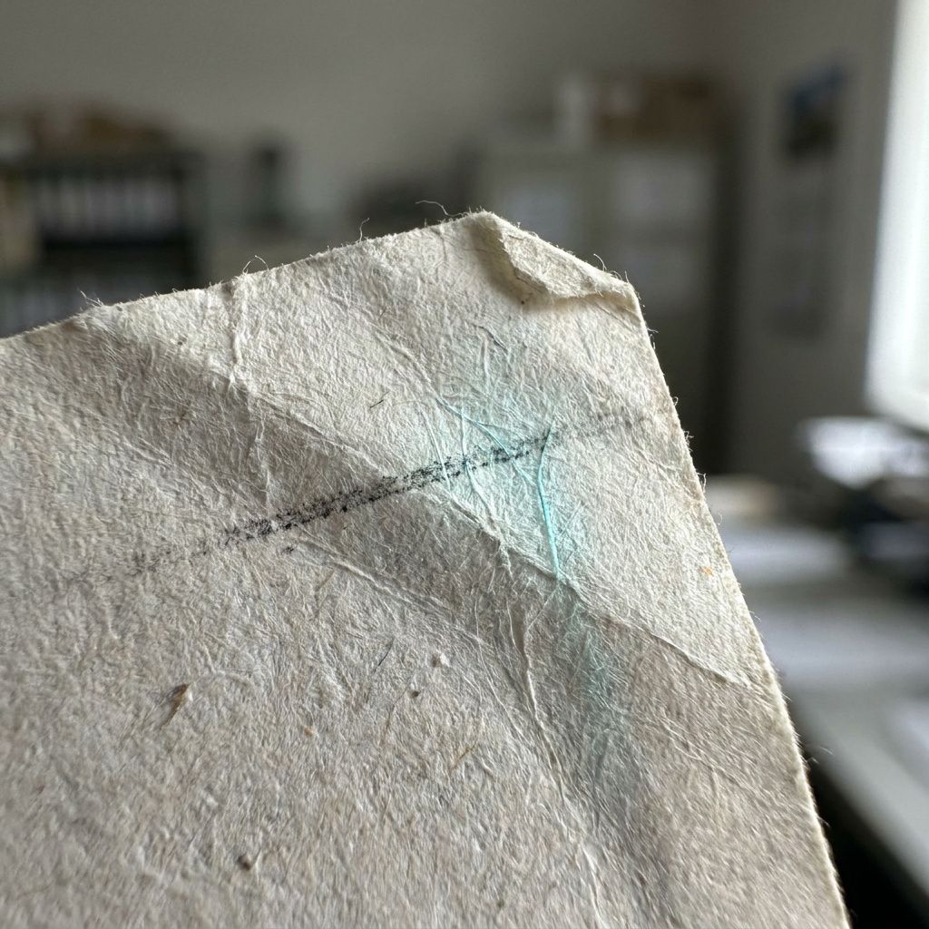 Makro af et foldet fakturahjørne med synlige papirkvalitet og OCR‑slør, cyan accentlys.