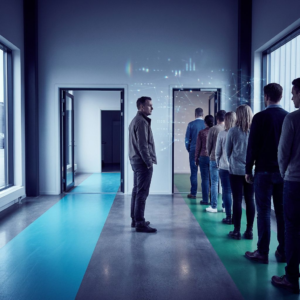 Nordisk operationsrum med to farvede baner (cyan og grøn), en kort kø af ventende personer og en teknisk leder i profil — et billedligt øjeblik om prioritering, isolation og kvotestyring.