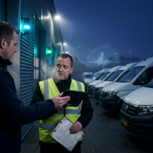 Morgenhandoff ved et dansk varedepot, hvor en robust felt-enhed skifter hænder foran rækker af varevogne i koldt nordisk lys