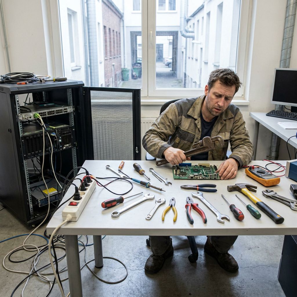 Makro af slidt hjørne på robust feltenhed med støv og slid, varevogn ude af fokus bagved