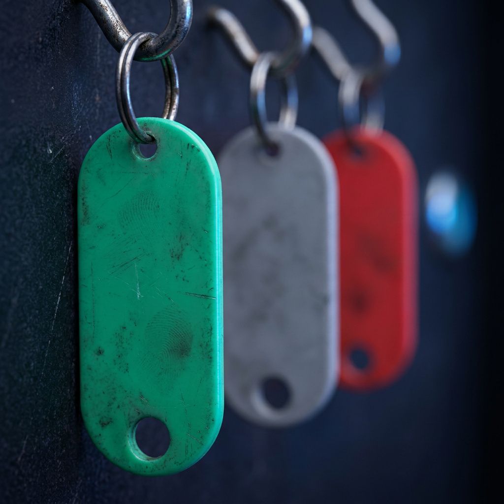 Nærbillede af tre plastiktags (grøn, grå, rød) hængende på metalkroge; slidte overflader, køligt nordisk lys og cyan refleks.