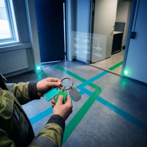 Teknisk leder i et nordisk operationsrum ser på farvekodede baner på gulvet — et beslutsomt øjeblik om at skifte til modulær workflow‑arkitektur. Indigo skygger og cyan signal‑accents.
