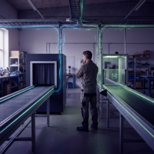 Operationsleder i et dansk proceslokale står foran to markerede porte med cyan og grøn routing‑baner; nordisk, køligt lys og indigo skygger, cyan/green signalaccents antyder digital routing.