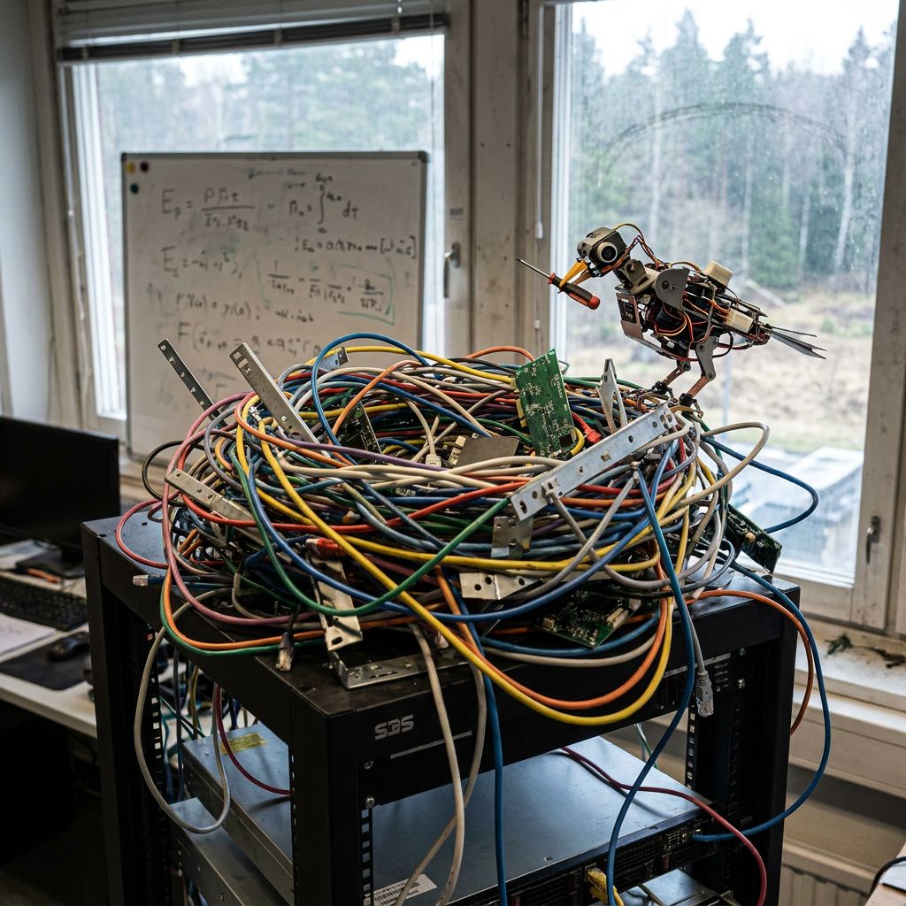Tomt værksted med spiralformet cyan/grøn rute på gulvet og en opslagsjakke i baggrunden; en kunstnerisk kommentar om selvoptimerende ruter.