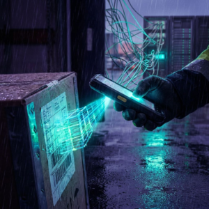 Kurér ved varevogn i regn med pakker i en lille våd kø ved kantstenen; telefon i holder, hurtig lokal håndtering uden skærmtekst, nordisk aftenstemning med cyan/grønne reflekser.