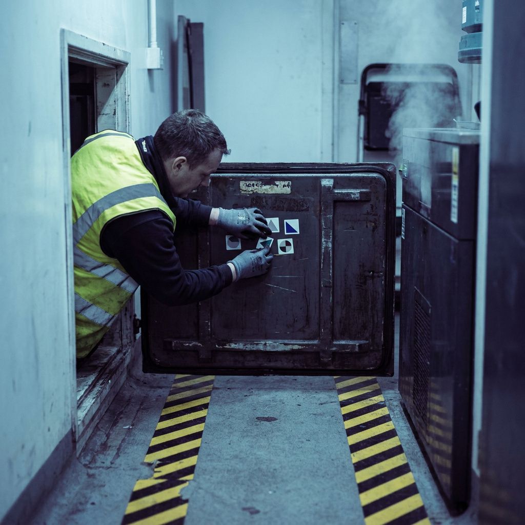 Bredt operationsfoto som viser krydsende transportlinjer: en lang manuel kø og en kortere, organiseret kø; en tekniker ses bagfra, ingen pegen.