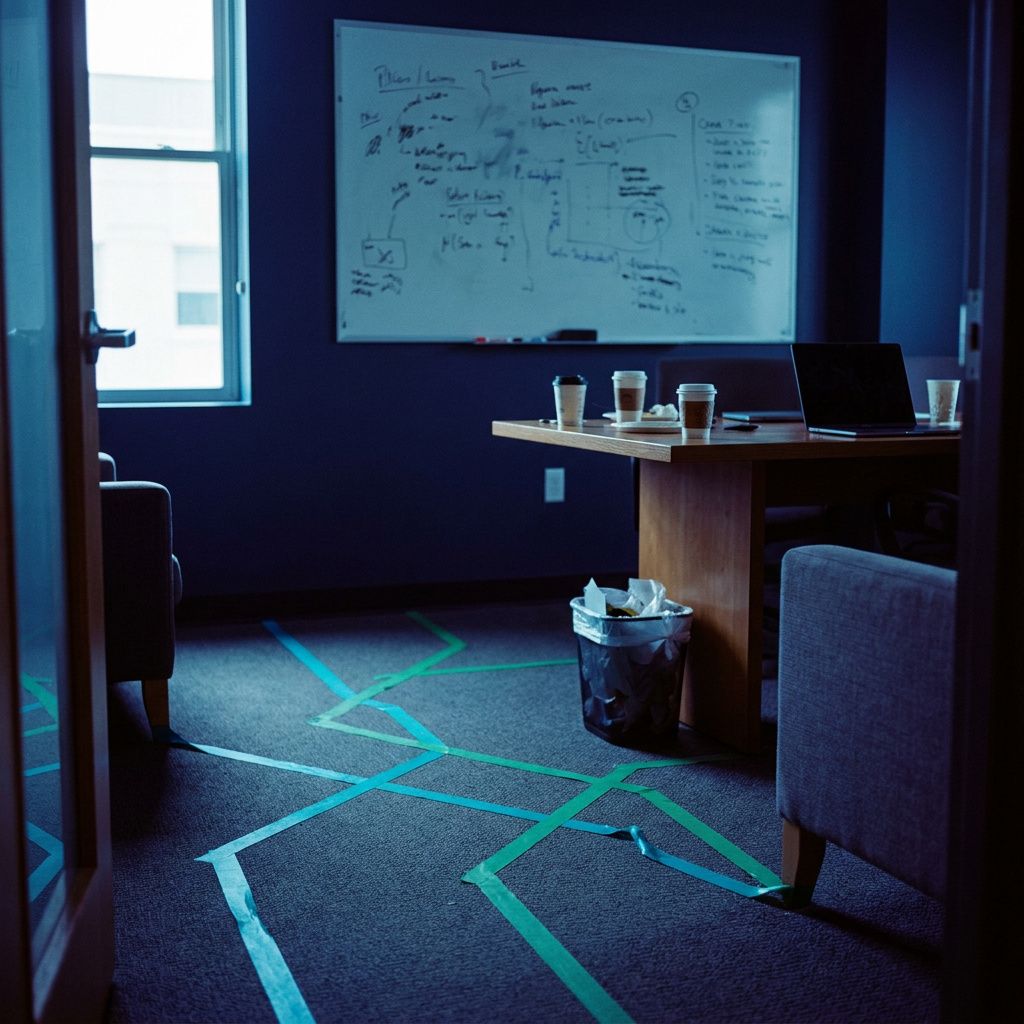 Reportagefoto fra pilotworkshop: tape‑spor på gulvet viser routing‑baner, symbol på implementering og test