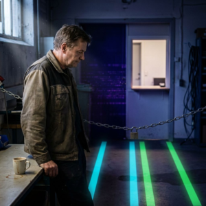 Nordisk operationsrum med cyan og grønne gulvbaner der rutes mod en afspærret, mørk indgang; en driftsleder står i baggrunden og vurderer prioritering — indigo stemning med cyan/grønne accenter.