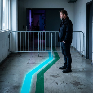 Nordisk operationsgang med to cyan/green gulvbaner og en teknisk leder i profil, dybe purple/indigo toner og subtile cyan pulserende overlays, der symboliserer et beslutningsøjeblik mellem hastighed og driftssikkerhed.
