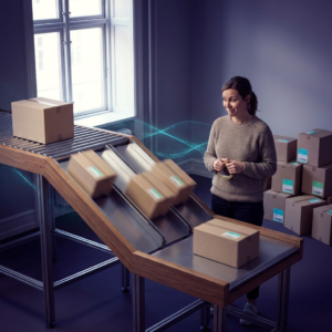 Nordisk pressefoto: en produktleder står ved et beslutningsstativ, foran en kø af små uregistrerede pakker på vej ind — bevægelsesslør på indkommende leverancer, indigo skygger og cyan/green accenter, signal‑pulser i luften.