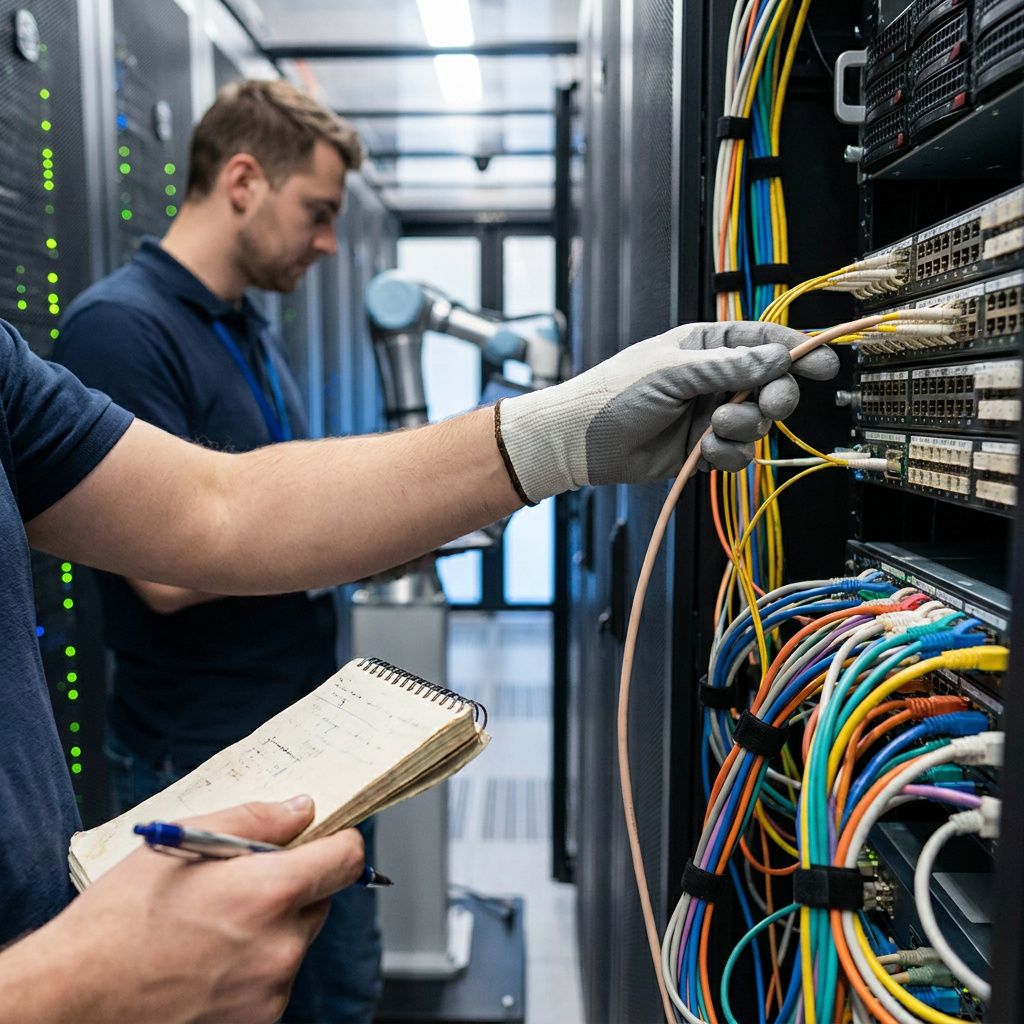 Tekniker i felten ved en rackmonteret storage‑enhed, indigo lys med cyan accenter — symbol på index‑sync og drift.