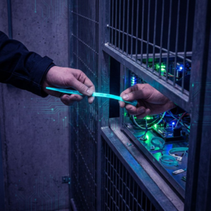 Nordisk pressefoto: operationsleder ved staging‑portal mens en tekniker overleverer en cyan markørclip; dybe indigo‑skygger og cyan signalaccents, subtil datapulse‑overlay.