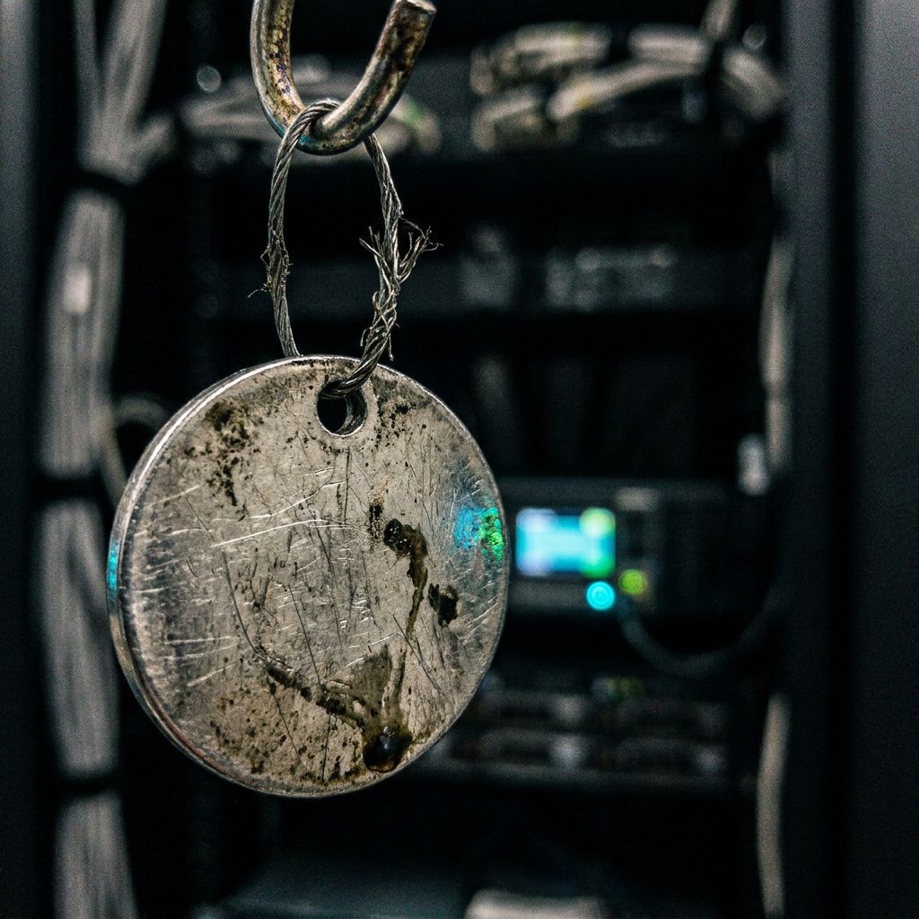 Tæt foto af et slidt identifikationsmærke på krog med cyan/grøn refleks; symboliserer eksponering og brugte tokens uden læsbar tekst.