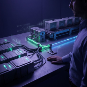 Teknisk leder ved en testrig i et lille compute‑rum, cyan/grønne pulser over måleinstrumenter og en pause i en kørerække af kasser i baggrunden — symbol på throughput versus kø.