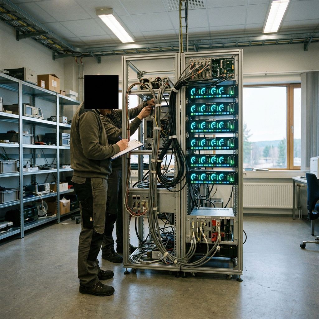 Teknikere ved en testrig, justerer hardware og noterer målinger; små cyan/grønne pulser på instrumenter.