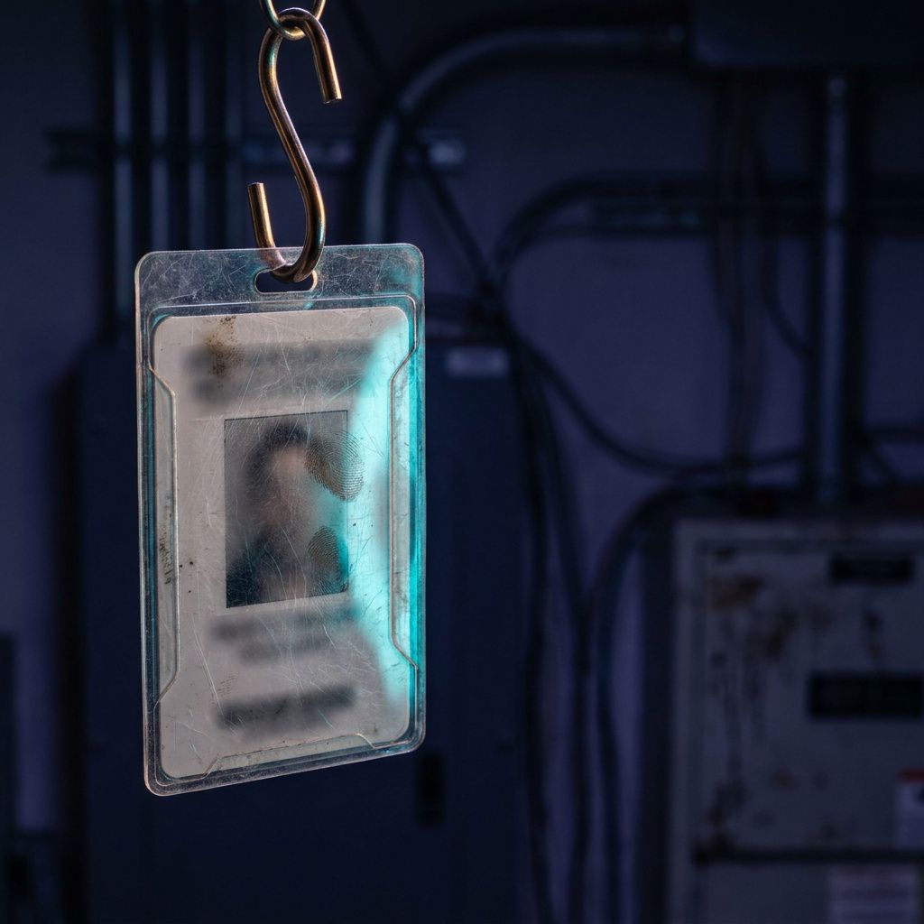 Makro af et slidt, non‑branded adgangsbadge med cyan refleks; dokumentarisk detalje der symboliserer adgangsspor uden tekst.