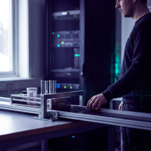 Nordisk pressefoto af et research‑workflow hvor en fysisk stopklods holder et stativ med prøver tilbage; i baggrunden antyder et testrig GPU‑compute, dyb indigo med cyan/grønne lysaccents.