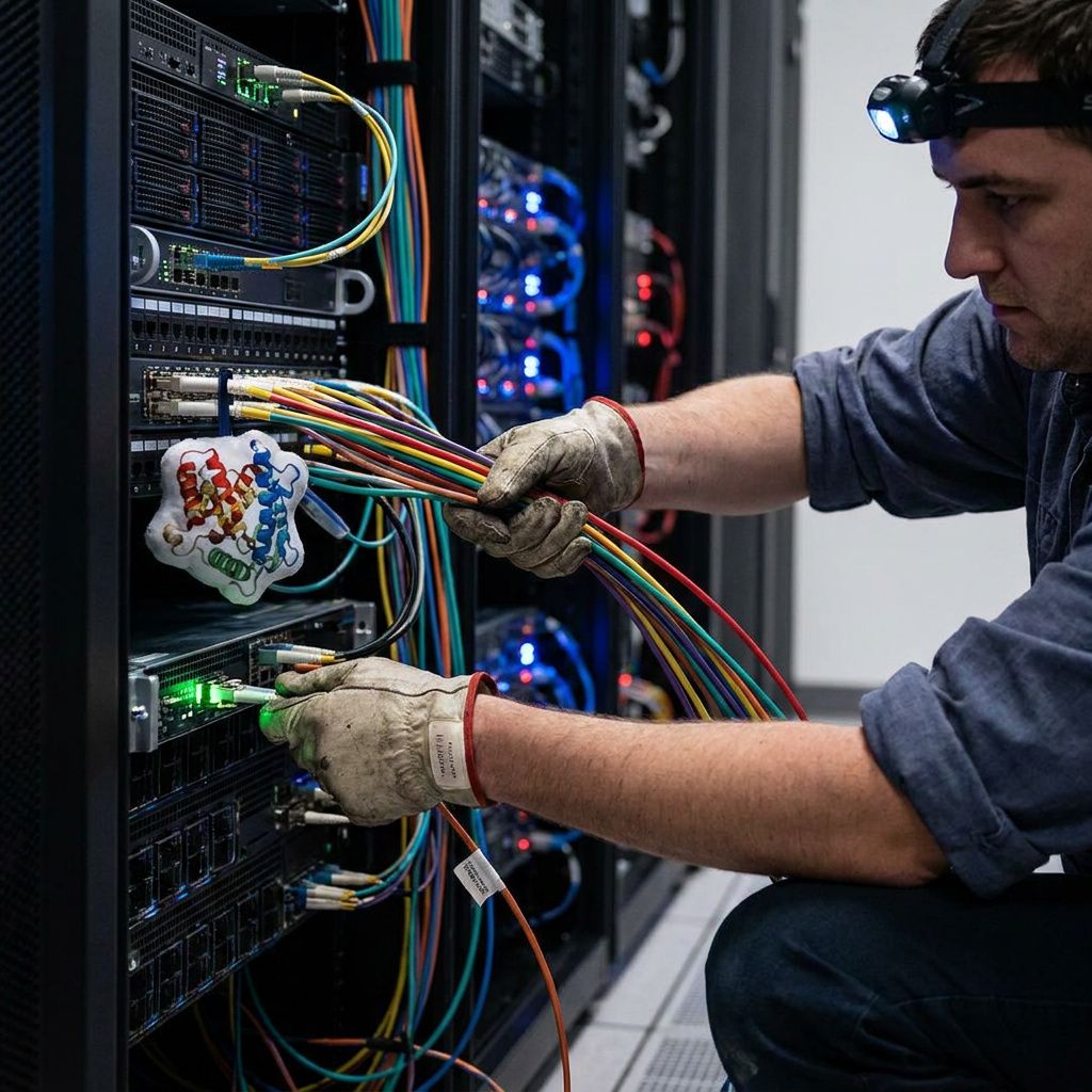 Tekniker kontrollerer en testsession ved et testrig; hænder holder et stativ med mellemresultat, cyan/grøn puls i baggrunden.