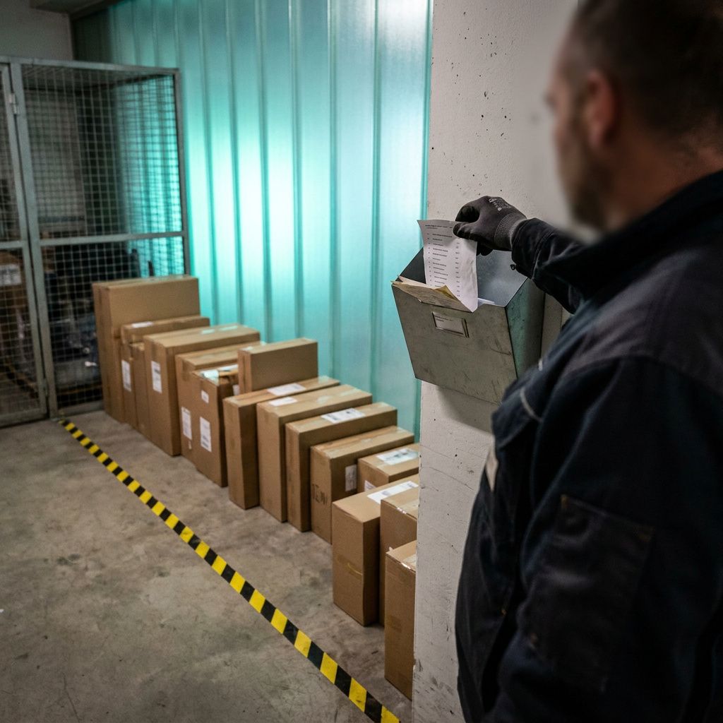 Tekniker rykker en stak pakker langs en markeret flowlinje i et lille testområde, cyan/grøn accentlys angiver aktiv zone.