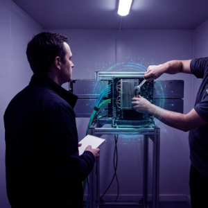 Operationsleder i profil betragter to store accelerator‑sleds i et kompakt testrum; deep purple/indigo belysning med cyan signalaccents; beslutningsøjeblik om hardwareinvestering.