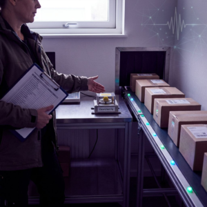 Dansk SME‑operation: en leder i et operationsrum ved en lille teststation, rullebane med pakker i baggrunden, purpur/indigo belysning med cyan/green accenter — symbol på valg mellem hastighed og kontrol.