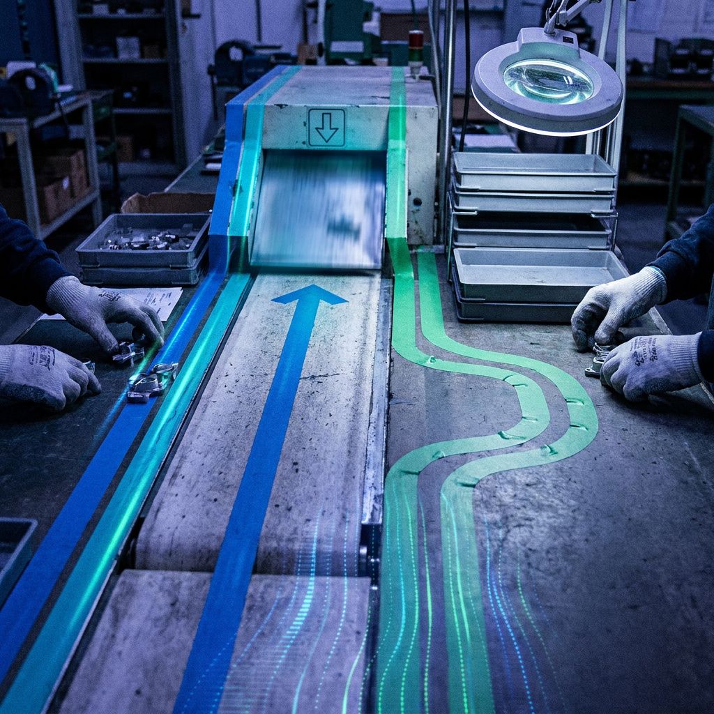 Rullebane i en mindre produktion med to markerede ruter (go vs audit) i cyan/green, purpur baggrund — visuel metafor for valg om hurtig udrulning eller kontrolleret rulleud.