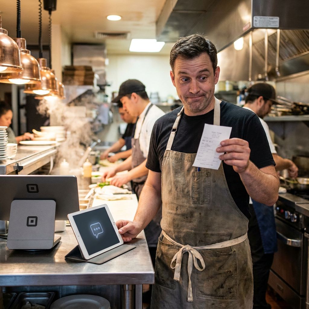 Pakkeflow ved udleveringshylde i en lille restaurant: medarbejdere forbereder rækker af takeaway-poser til afhentning.