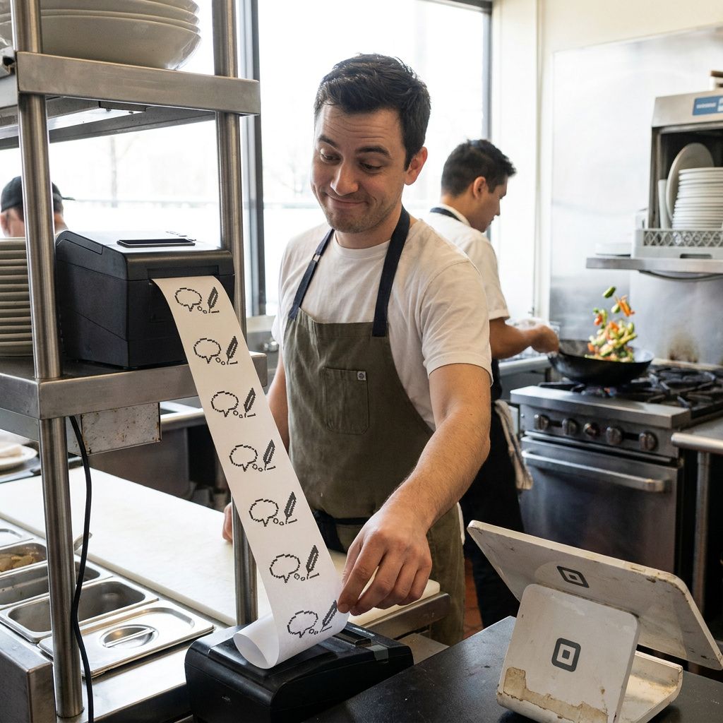 Makro af en takeout-pose på køkkenhylde med fedtplet og cyan-lysrefleks, tactile detalje fra udleveringsprocessen.