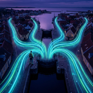 Nordisk havnelås i skumring: mange små arbejdsbåde venter foran én åbning, en operationsleder i profil i forgrunden — metafor for central gateway der samler mange forbindelser.