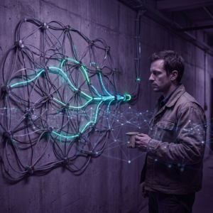 En nordisk teknisk leder står ved et stort, abstrakt systems‑map hvor cyan/grønne stier samler sig til én markeret rute; deep purple/indigo skygger og subtile data‑pulser giver et magasin‑look.